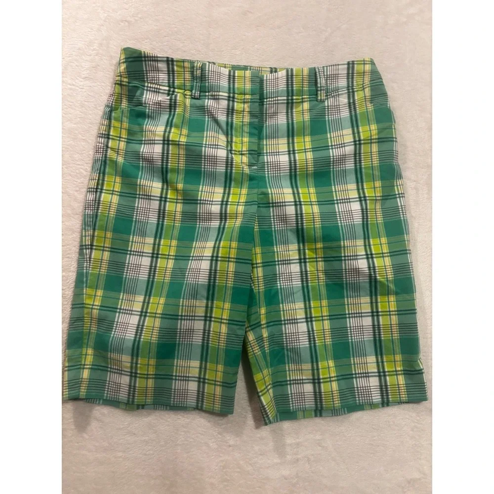 Jones New York Shorts Women's 10 Bermuda‎ Green Plaid Summer Bright Casual